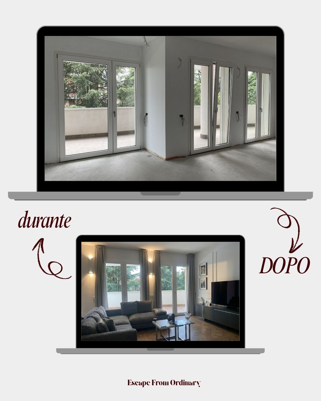 Progetto interior design soggiorno ampio a Milano — durante e dopo la ristrutturazione