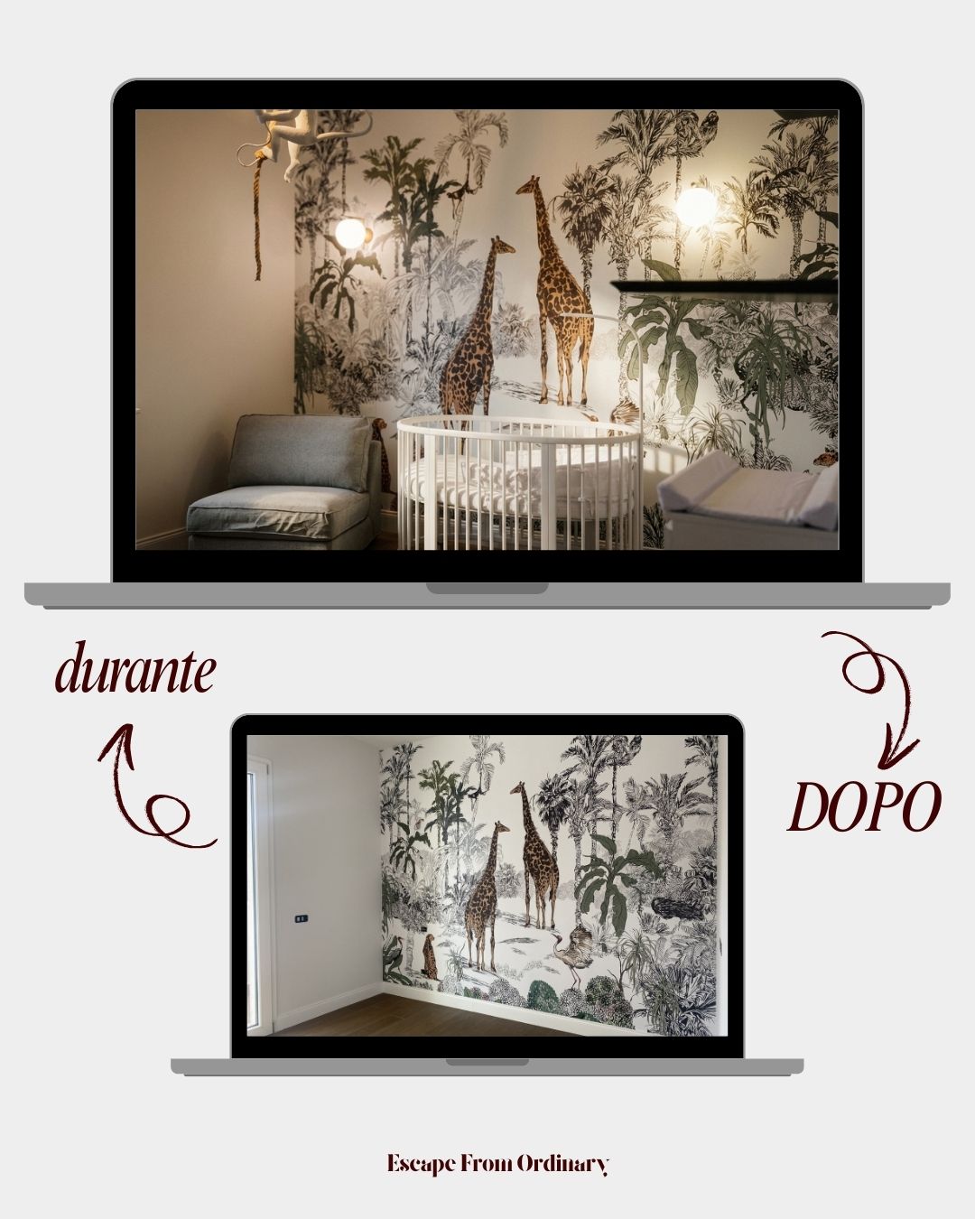 Progettazione camera bambini con murale botanico a Milano — durante e dopo